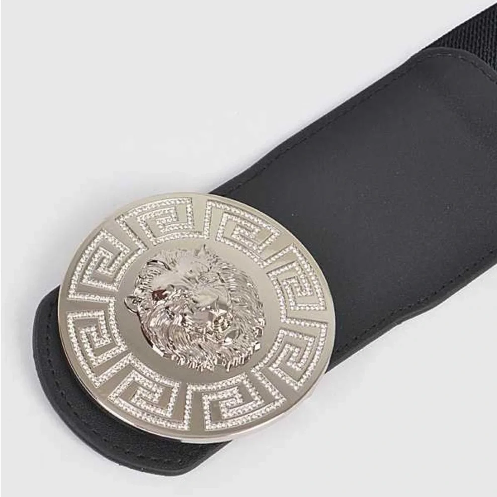 Gold Lion Medallion Large Buckle Stretch Statement Belt